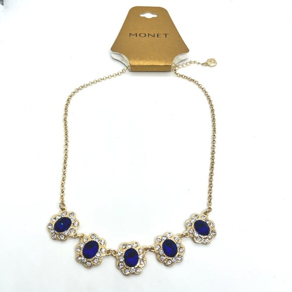 MONET BLUE CLEAR RHINESTONE FLOWER FLORAL STATION NECKLACE GOLD TONE CHAIN NWT - Picture 5 of 15